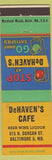 Matchbook Cover - DeHAven's Cafe Baltimore MD