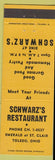 Matchbook Cover - Schwarz's Restaurant Toledo OH German food