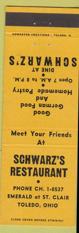 Matchbook Cover - Schwarz's Restaurant Toledo OH German food
