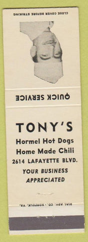 Matchbook Cover - Tony's Hormel Hot Dogs NO TOWN