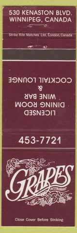 Matchbook Cover - Grapes Restaurant Winnipeg MB