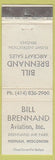Matchbook Cover - Bill Brennand Aircraft Sales planes Neenah WI