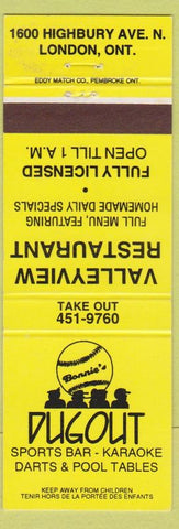 Matchbook Cover - Dugout Sports Bar billiards London ON baseball