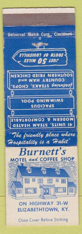 Matchbook Cover - Burnett's Motel Coffee Shop Elizabethtown KY