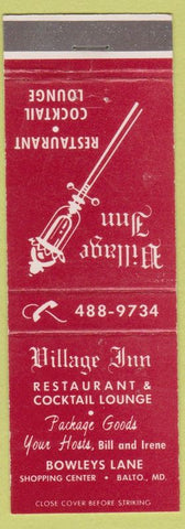 Matchbook Cover - Village Inn Restaurant Baltimore MD