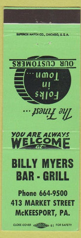 Matchbook Cover - Billy Myers Bar Grill McKeesport PA green