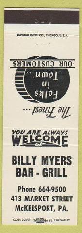 Matchbook Cover - Billy Myers Bar Grill McKeesport PA white