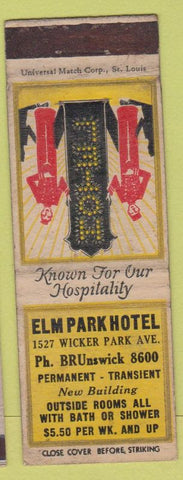 Matchbook Cover - Elm Park Hotel Chicago IL WORN