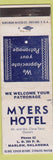 Matchbook Cover - Myers Hotel Marlow OK low phone WEAR