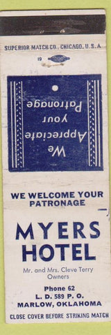 Matchbook Cover - Myers Hotel Marlow OK low phone WEAR