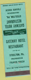 Matchbook Cover - Gateway Hotel Restaurant Steelton PA Frank Hern light green