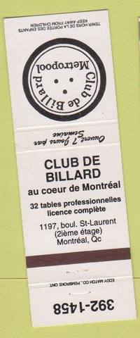 Matchbook Cover - Club De Billiards Montreal QC