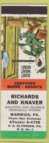 Matchbook Cover - Richards and Knaver Granite Marble Tombstones Warwick PA