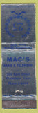Matchbook Cover - Mac's Radio TV Waterbury CT RCA Philco WORN