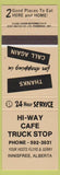Matchbook Cover - Hi Way Cafe Truck Stop Innisfree AB