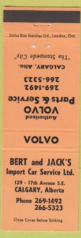 Matchbook Cover - Bert and Jack's Imports Volvo parts service Calgary AB orange