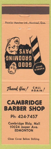 Matchbook Cover - Cambridge Barber Shop Edmonton AB orange