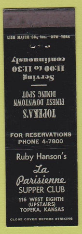 Matchbook Cover - Ruby Hanson's LA Parisienne Supper Club French Topeka KS