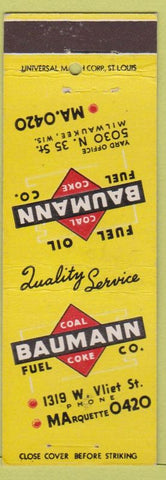 Matchbook Cover - Baumann oil fuel Coal Coke Milwaukee WI