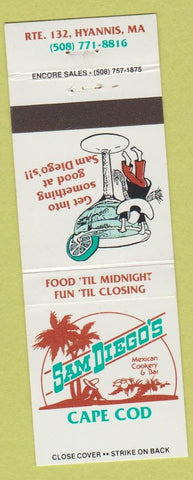 Matchbook Cover - Sam Diego's Mexican Restaurant Haynnis MA Cape Cod