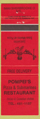 Matchbook Cover - Pompei's Pizza Restaurant Montreal QC