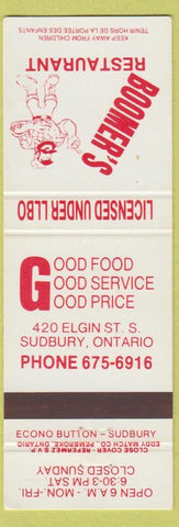 Matchbook Cover - Boomer's Restaurant Sudbury ON white red