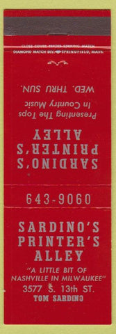 Matchbook Cover - Sardino's Printer's Alley Milwaukee WI Country Music
