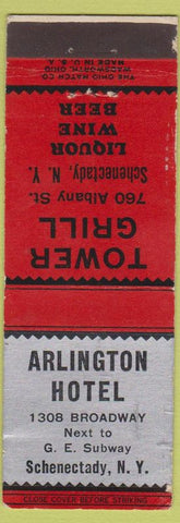 Matchbook Cover - Arlington Hotel Schenectady NY Tower Grill WEAR
