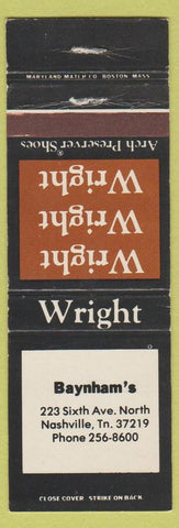Matchbook Cover - Wright Arch Shoes Nashville TN Baynham's