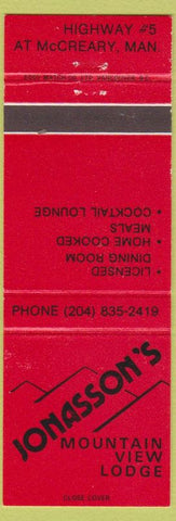 Matchbook Cover - Jonasson's Mountain View Lodge McCreary MB