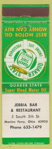 Matchbook Cover - Quaker State Motor Oil Jebbia Bar Restaurant Martins Ferry OH