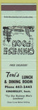 Matchbook Cover - Toni's Lunch Dining Room kindersley SK