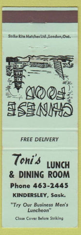 Matchbook Cover - Toni's Lunch Dining Room kindersley SK