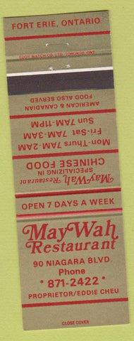 Matchbook Cover - May Wah Restaurant Fort Erie ON