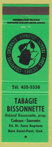 Matchbook Cover - Tabagie Bissonnette Tobacco Pipes Baie Saint Paul QC