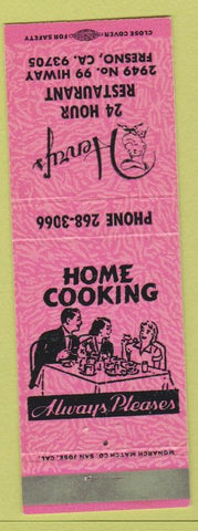Matchbook Cover - Henry's Restaurant Fresno CA pink