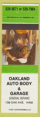 Matchbook Cover - Oakland Auto Body Hamilton ON pinup green