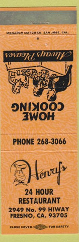 Matchbook Cover - Henry's Restaurant Fresno CA orange