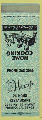 Matchbook Cover - Henry's Restaurant Fresno CA teal