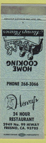 Matchbook Cover - Henry's Restaurant Fresno CA light blue