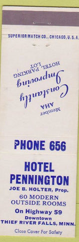 Matchbook Cover - Hotel Pennington Thief River Falls MN low phone #