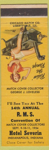 Matchbook Cover - RMS Hotel Severin Indianapolis IN 1954 pinup Riding Stove