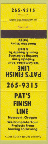 Matchbook Cover - Pat's Finish Line Sewing Store Newport OR yellow