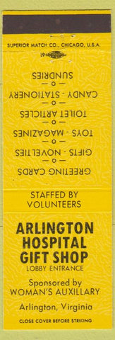 Matchbook Cover - Arlington Hospital Gift Shop Arlington VA yellow