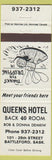 Matchbook Cover - Queens Hotel Battleford SK