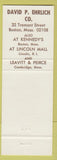 Matchbook Cover - David Ehrlich Tobacco Boston MA Cambridge Lincoln RI #1