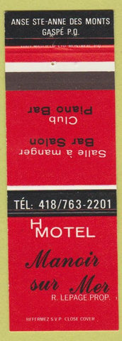 Matchbook Cover - Motel Manoir Sur Mer Gaspe QC