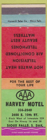 Matchbook Cover - Harvey Motel Sioux Falls SD