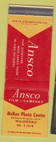 Matchbook Cover - Ansco Film Cameras McKEe Photo Willowdale Toronto ON