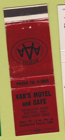 Matchbook Cover - Van's Motel Cafe Klamath Falls OR